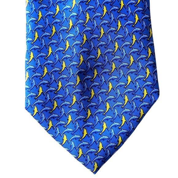 Dolphin 100% Silk Neck Tie Blue and Yellow Nautical Coastal Beach Ocean Sea - Picture 2 of 4